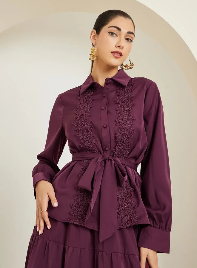 Styli Burgundy Lace Trim Shirt and Maxi Skirt Co-Ords
